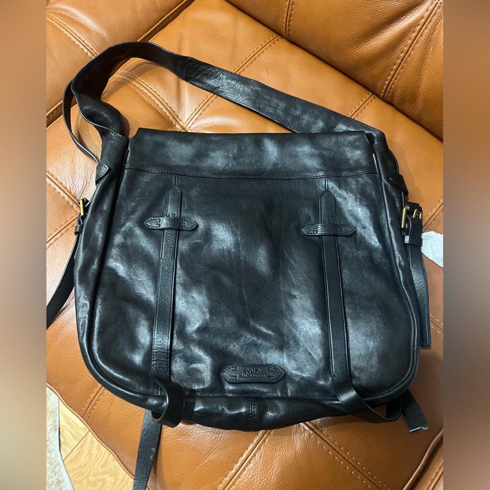 Polo Ralph Lauren Black Leather Moto Bag. - Picture 7 of 13